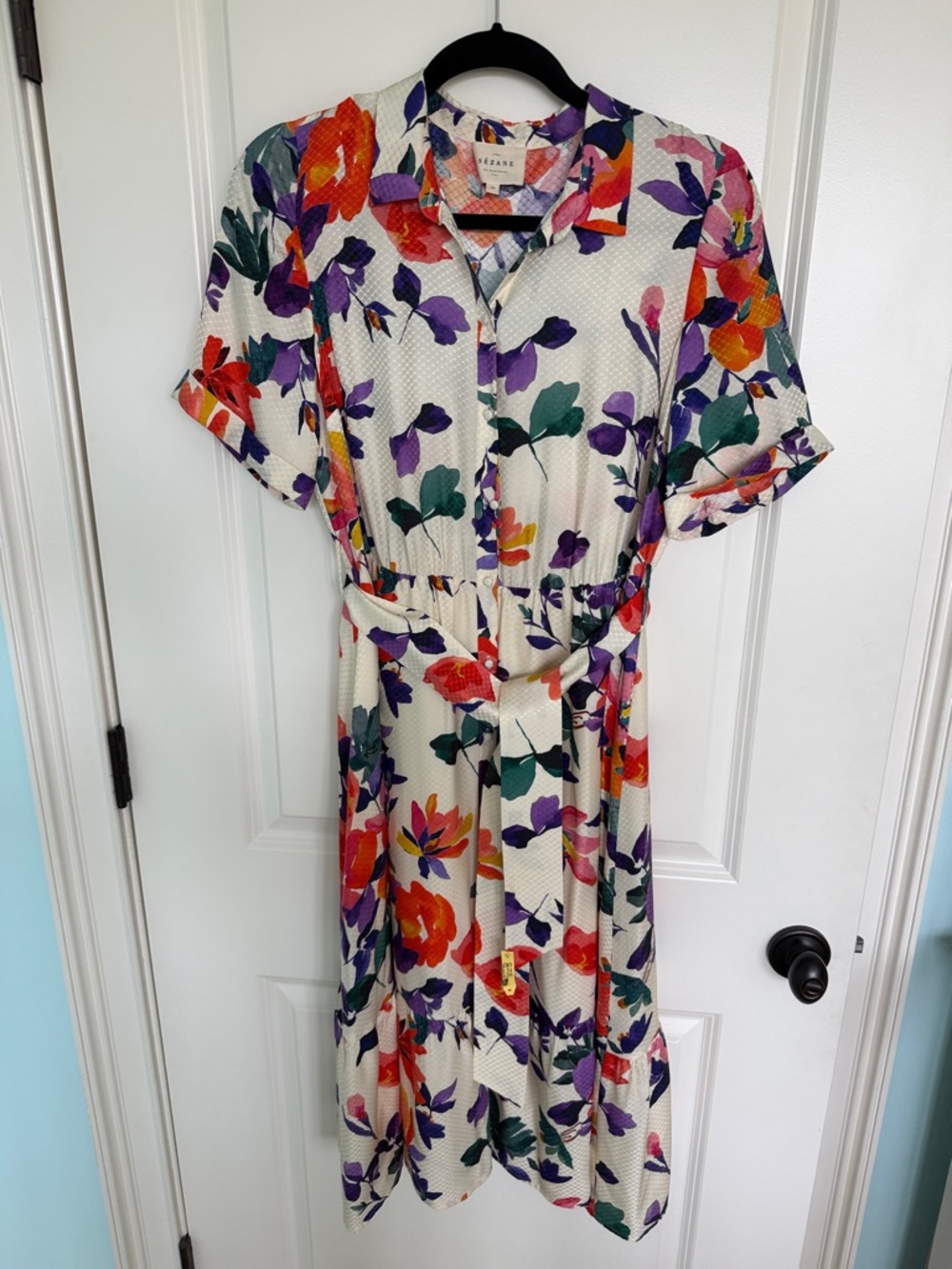 Women Sezane Midi Shirt Dress Purple, Orange, Green & Pink Floral Print size 38